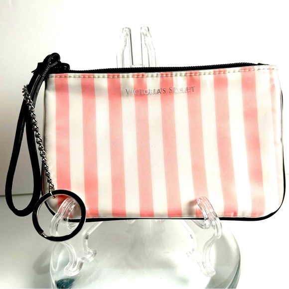 Victoria’s Secret Pink White Stripe Black Wristlet Vintage Key Keeper Chain - Picture 1 of 8